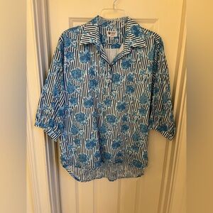 Holly Shae Blue Floral Stripe Button-Up Women's Tunic Top with Self Belt